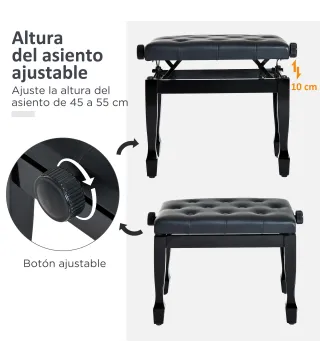 Banco de Piano Altura Ajustable Banqueta de Piano Asiento de Cuero Sintético Patas de Madera 64x35x55 cm Negro