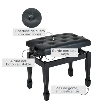 Banco de Piano Altura Ajustable Banqueta de Piano Asiento de Cuero Sintético Patas de Madera 64x35x55 cm Negro