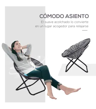 Silla de Platillo Plegable Silla de Luna con Asiento de Tela Oxford y Patas de Metal Carga 120 kg 80x80x75 cm Gris