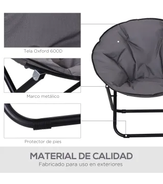 Silla de Platillo Plegable Silla de Luna con Asiento de Tela Oxford y Patas de Metal Carga 120 kg 80x80x75 cm Gris