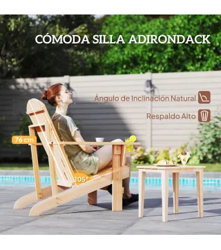 Silla Adirondack de Madera con Reposabrazos y Respaldo Alto para Terraza Balcón Exterior 72x95x93 cm Natural