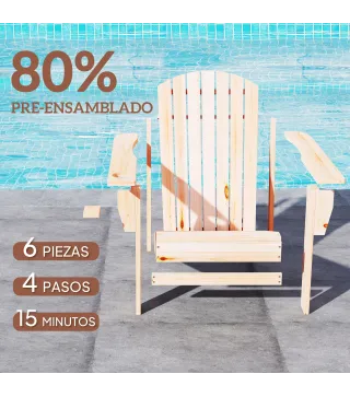 Silla Adirondack de Madera con Reposabrazos y Respaldo Alto para Terraza Balcón Exterior 72x95x93 cm Natural