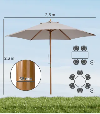 Sombrilla de Jardín Ø250x230 cm Parasol de Terraza con Marco de Madera 6 Varillas Sistema de Cuerda e Impermeable Gris