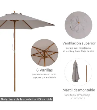 Sombrilla de Jardín Ø250x230 cm Parasol de Terraza con Marco de Madera 6 Varillas Sistema de Cuerda e Impermeable Gris