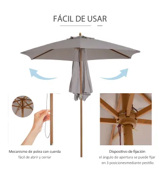 Sombrilla de Jardín Ø250x230 cm Parasol de Terraza con Marco de Madera 6 Varillas Sistema de Cuerda e Impermeable Gris