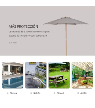 Sombrilla de Jardín Ø250x230 cm Parasol de Terraza con Marco de Madera 6 Varillas Sistema de Cuerda e Impermeable Gris