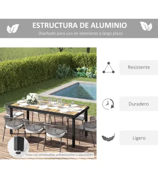 Mesa de Comedor Exterior de Aluminio Mesa de Jardín Exterior para 8 Personas con Encimera de Listones para Terraza Balcón 190x90