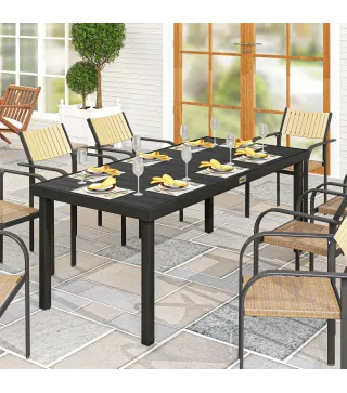 Mesa de Comedor Exterior 190x90x74 cm con Encimera de Listones y Estructura de Aluminio para Terraza Balcón Negro