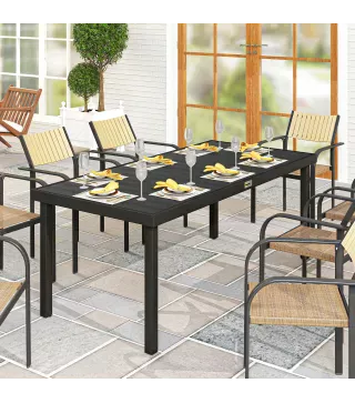 Mesa de Comedor Exterior 190x90x74 cm con Encimera de Listones y Estructura de Aluminio para Terraza Balcón Negro