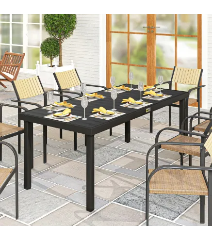 Mesa de Comedor Exterior 190x90x74 cm con Encimera de Listones y Estructura de Aluminio para Terraza Balcón Negro