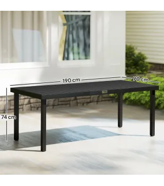 Mesa de Comedor Exterior 190x90x74 cm con Encimera de Listones y Estructura de Aluminio para Terraza Balcón Negro