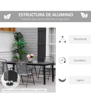 Mesa de Comedor Exterior 190x90x74 cm con Encimera de Listones y Estructura de Aluminio para Terraza Balcón Negro