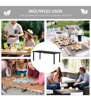 Mesa de Comedor Exterior 190x90x74 cm con Encimera de Listones y Estructura de Aluminio para Terraza Balcón Negro