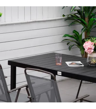 Mesa de Comedor Exterior 190x90x74 cm con Encimera de Listones y Estructura de Aluminio para Terraza Balcón Negro