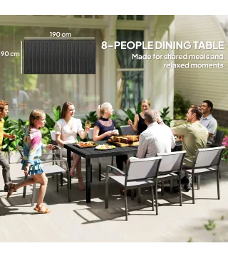 Mesa de Comedor Exterior 190x90x74 cm con Encimera de Listones y Estructura de Aluminio para Terraza Balcón Negro