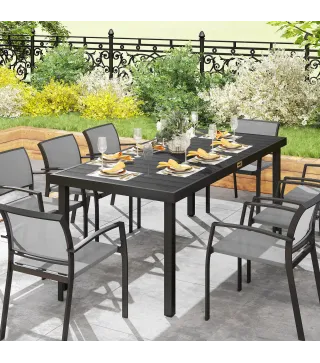 Mesa de Comedor Exterior 190x90x74 cm con Encimera de Listones y Estructura de Aluminio para Terraza Balcón Negro