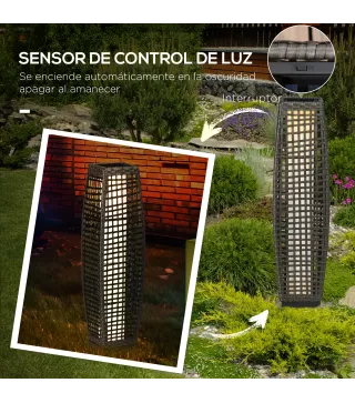 Lámpara Solar de Jardín de Ratán Sintético con Luces LED Encendido/Apagado Automático 21x21x78 cm Gris