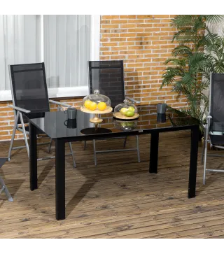 Mesa de Exterior Rectangular con Marco de Aluminio y Encimera de Cristal Carga 50 kg para Jardín 150x90x74 cm Negro