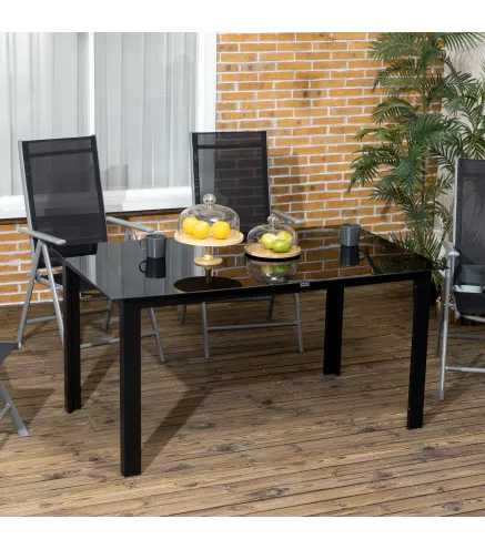 Mesa de Exterior Rectangular con Marco de Aluminio y Encimera de Cristal Carga 50 kg para Jardín 150x90x74 cm Negro