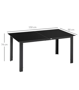 Mesa de Exterior Rectangular con Marco de Aluminio y Encimera de Cristal Carga 50 kg para Jardín 150x90x74 cm Negro