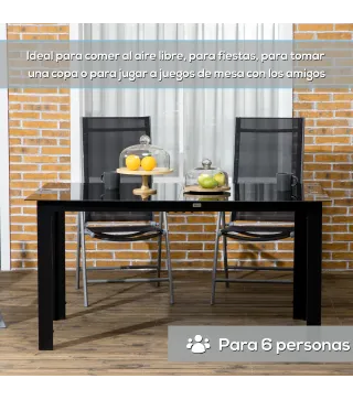 Mesa de Exterior Rectangular con Marco de Aluminio y Encimera de Cristal Carga 50 kg para Jardín 150x90x74 cm Negro