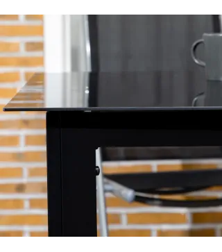 Mesa de Exterior Rectangular con Marco de Aluminio y Encimera de Cristal Carga 50 kg para Jardín 150x90x74 cm Negro