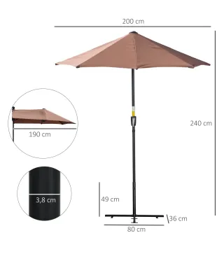 Parasol de Terraza 200x190x240 cm con Manivela Poste de Acero y Base Cruzada Anti-UV para Terraza Balcón Café