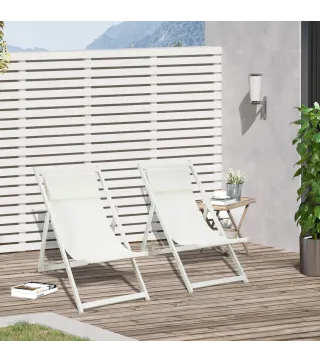 Conjunto de 2 Tumbonas Plegables de Aluminio con Respaldo Regulable en 5 Posiciones Reposacabezas 60x100x85 cm Blanco