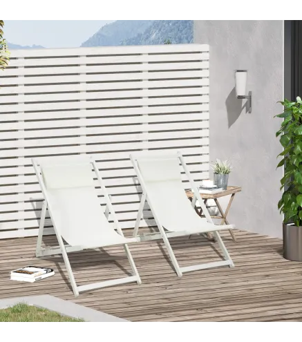 Conjunto de 2 Tumbonas Plegables de Aluminio con Respaldo Regulable en 5 Posiciones Reposacabezas 60x100x85 cm Blanco