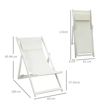 Conjunto de 2 Tumbonas Plegables de Aluminio con Respaldo Regulable en 5 Posiciones Reposacabezas 60x100x85 cm Blanco