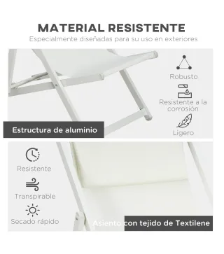 Conjunto de 2 Tumbonas Plegables de Aluminio con Respaldo Regulable en 5 Posiciones Reposacabezas 60x100x85 cm Blanco