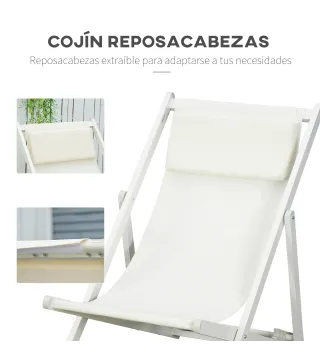 Conjunto de 2 Tumbonas Plegables de Aluminio con Respaldo Regulable en 5 Posiciones Reposacabezas 60x100x85 cm Blanco
