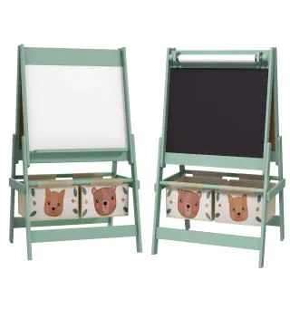 Caballete Infantil 3 en 1 Caballete para Niños de Doble Cara con Rollo de Papel Pizarras y 2 Cestas 54x46,5x93 cm Verde