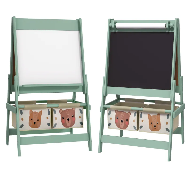 Caballete Infantil 3 en 1 Caballete para Niños de Doble Cara con Rollo de Papel Pizarras y 2 Cestas 54x46,5x93 cm Verde