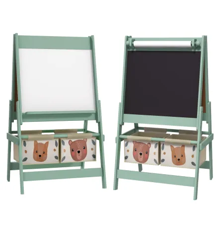 Caballete Infantil 3 en 1 Caballete para Niños de Doble Cara con Rollo de Papel Pizarras y 2 Cestas 54x46,5x93 cm Verde