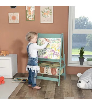 Caballete Infantil 3 en 1 Caballete para Niños de Doble Cara con Rollo de Papel Pizarras y 2 Cestas 54x46,5x93 cm Verde