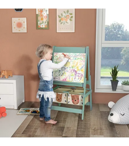 Caballete Infantil 3 en 1 Caballete para Niños de Doble Cara con Rollo de Papel Pizarras y 2 Cestas 54x46,5x93 cm Verde