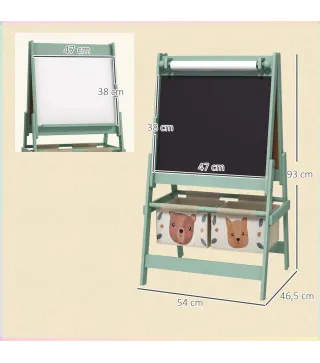 Caballete Infantil 3 en 1 Caballete para Niños de Doble Cara con Rollo de Papel Pizarras y 2 Cestas 54x46,5x93 cm Verde