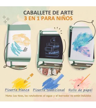 Caballete Infantil 3 en 1 Caballete para Niños de Doble Cara con Rollo de Papel Pizarras y 2 Cestas 54x46,5x93 cm Verde