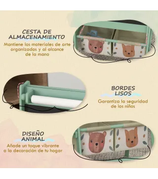 Caballete Infantil 3 en 1 Caballete para Niños de Doble Cara con Rollo de Papel Pizarras y 2 Cestas 54x46,5x93 cm Verde