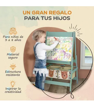 Caballete Infantil 3 en 1 Caballete para Niños de Doble Cara con Rollo de Papel Pizarras y 2 Cestas 54x46,5x93 cm Verde