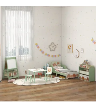 Caballete Infantil 3 en 1 Caballete para Niños de Doble Cara con Rollo de Papel Pizarras y 2 Cestas 54x46,5x93 cm Verde