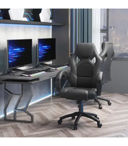 Silla de Oficina Silla Estudio con Función Basculante Altura Ajustable y Respaldo Alto Tapizado en Cuero PU y Malla Tran