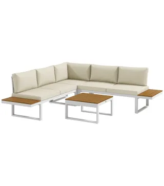 Juego de Muebles de Terraza Incluye 2 Sofás Dobles 1 Sofá Esquinero Reclinable y Mesa de Centro con Cojines Crema
