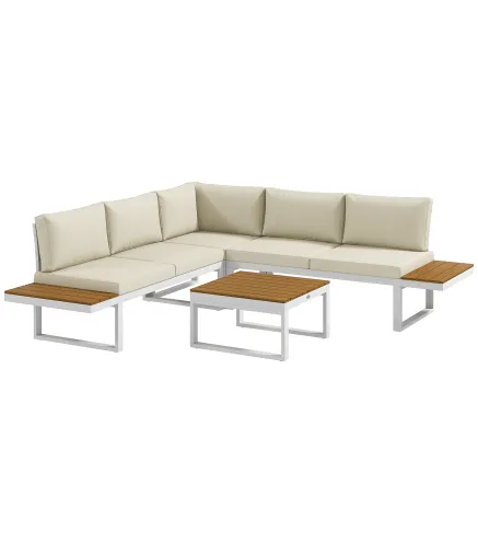 Juego de Muebles de Terraza Incluye 2 Sofás Dobles 1 Sofá Esquinero Reclinable y Mesa de Centro con Cojines Crema