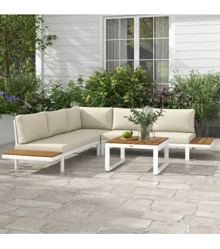 Juego de Muebles de Terraza Incluye 2 Sofás Dobles 1 Sofá Esquinero Reclinable y Mesa de Centro con Cojines Crema