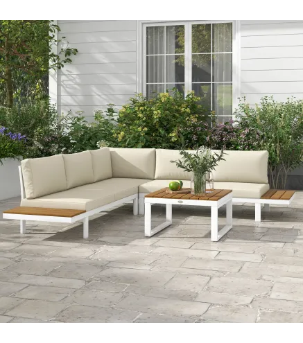 Juego de Muebles de Terraza Incluye 2 Sofás Dobles 1 Sofá Esquinero Reclinable y Mesa de Centro con Cojines Crema