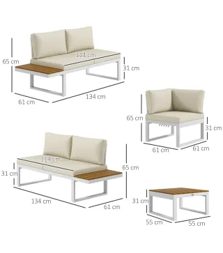 Juego de Muebles de Terraza Incluye 2 Sofás Dobles 1 Sofá Esquinero Reclinable y Mesa de Centro con Cojines Crema