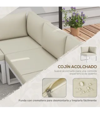 Juego de Muebles de Terraza Incluye 2 Sofás Dobles 1 Sofá Esquinero Reclinable y Mesa de Centro con Cojines Crema