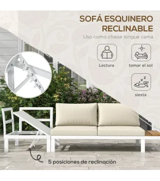 Juego de Muebles de Terraza Incluye 2 Sofás Dobles 1 Sofá Esquinero Reclinable y Mesa de Centro con Cojines Crema